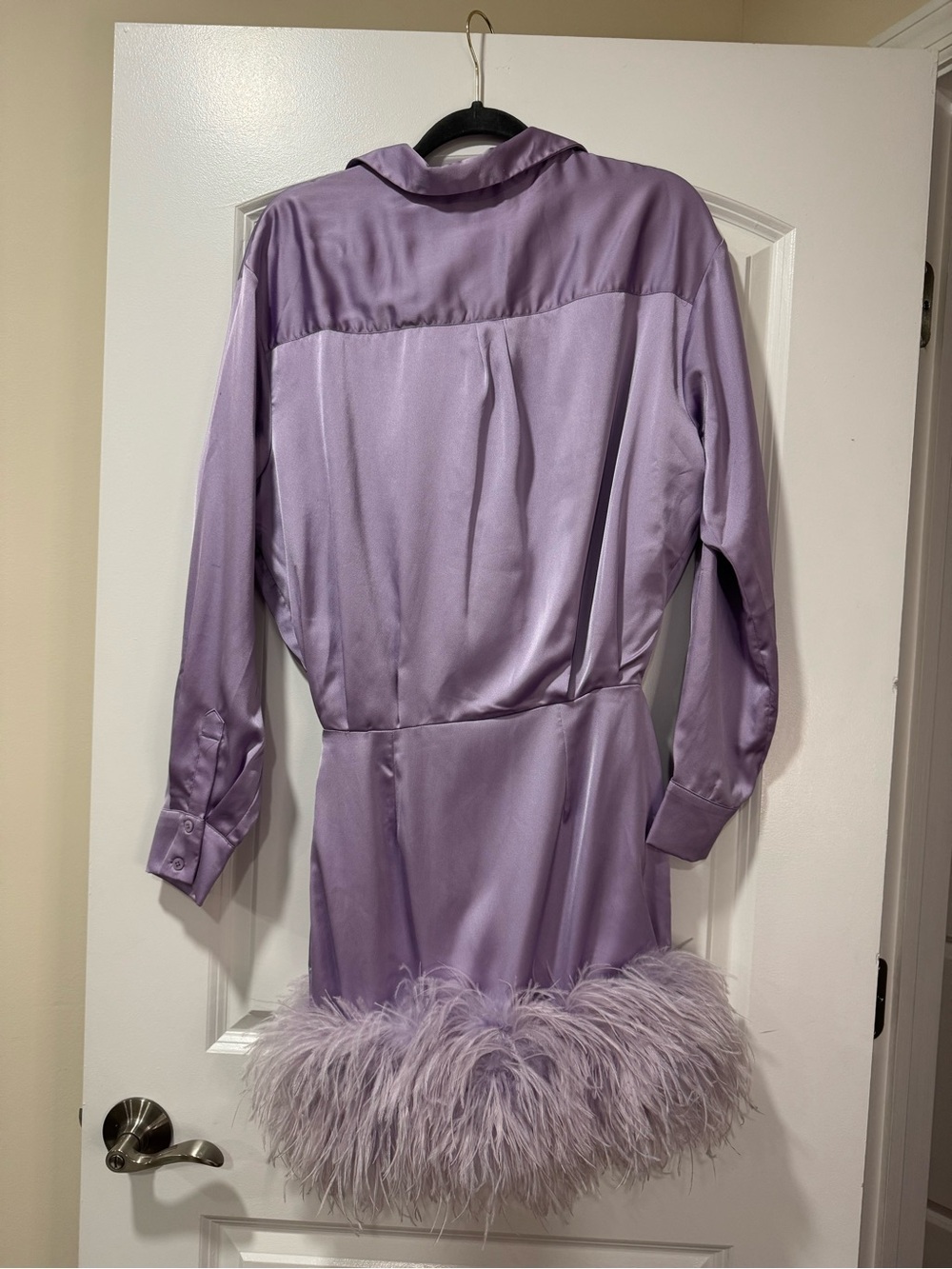 House of CB Tyra Orchid Satin Shirt Dress Feather Trim Lavender S - Picture 11 of 12